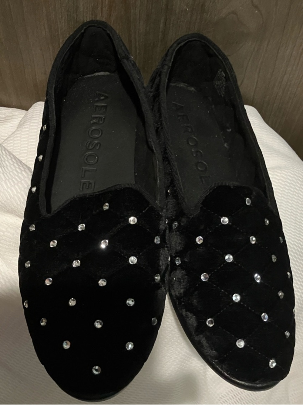 AEROSOLES Black Velvet Crystal-Stud Quilted Flats